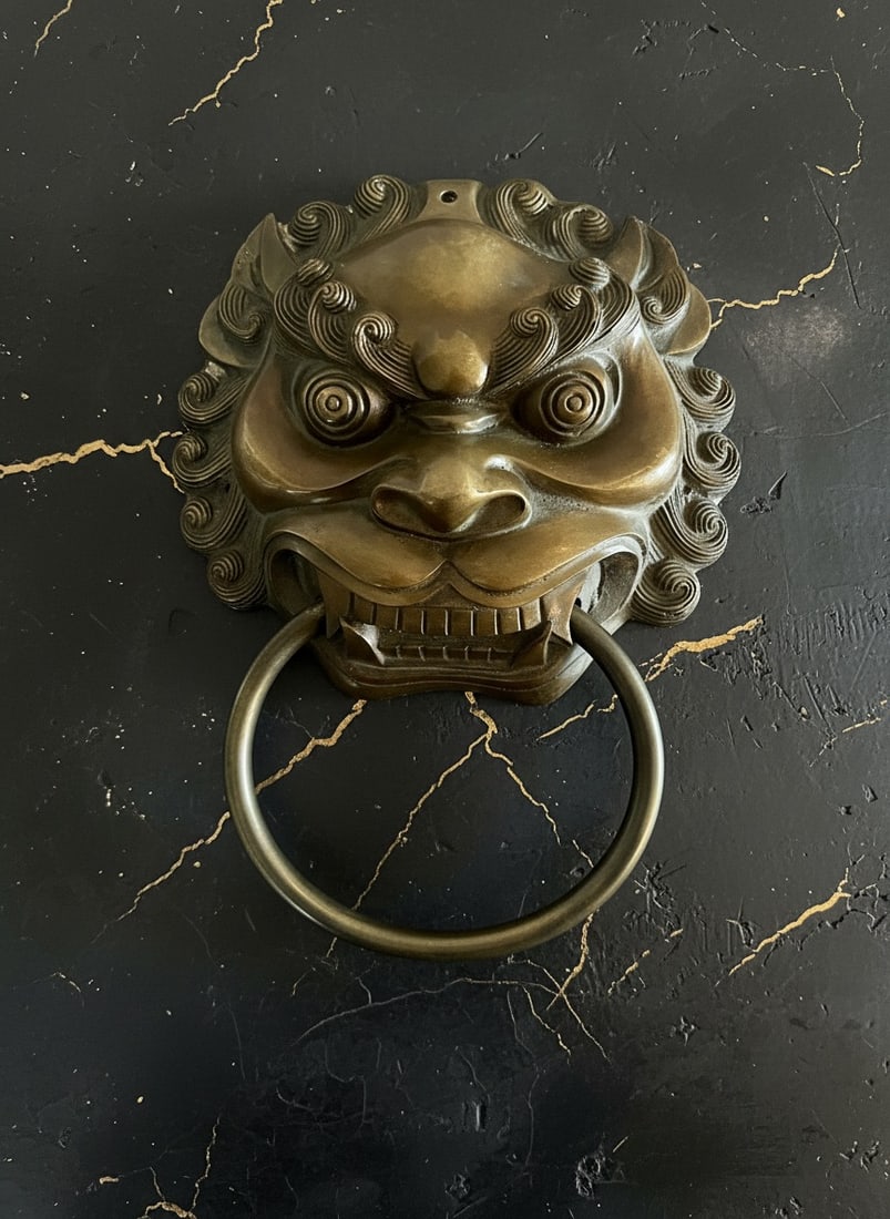 Ornate Oriental Lion Head Door Knocker Solid Metal Vintage Artisan Decor - 3