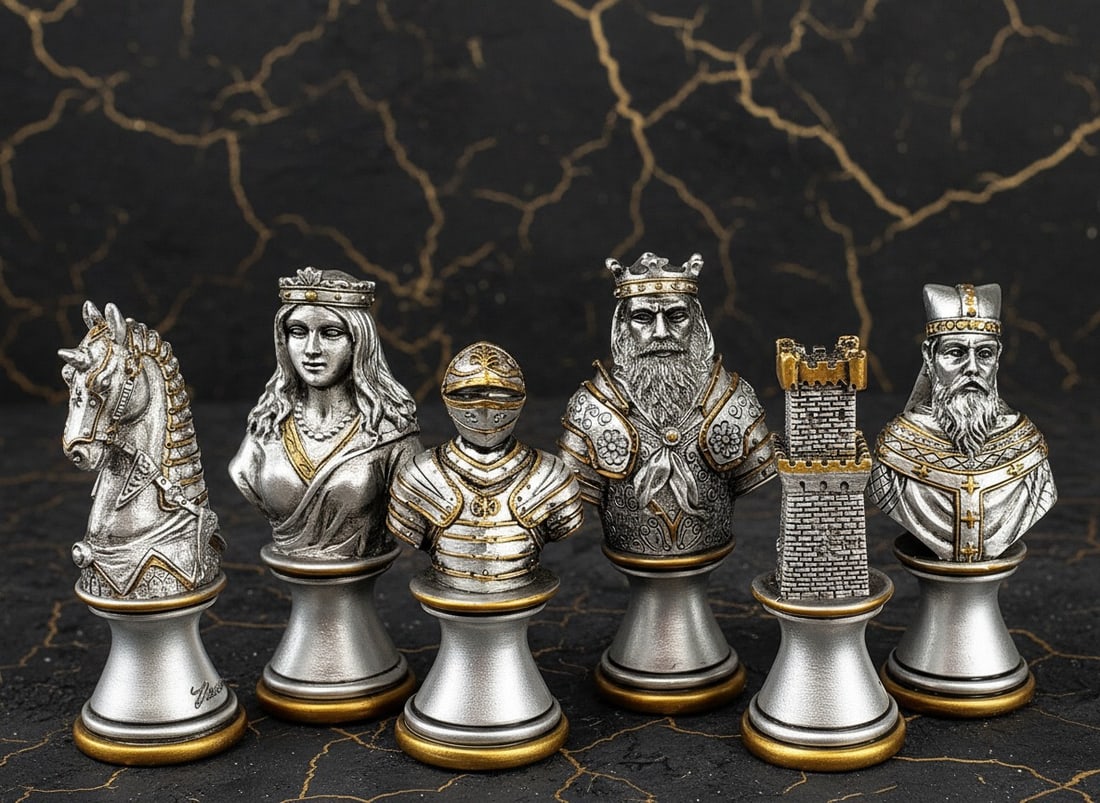 Vintage Medieval Crusade Chessmen Set Antique Gold Silver Finish No Board (1 of 6)