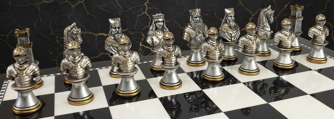 Vintage Medieval Crusade Chessmen Set Antique Gold Silver Finish No Board - 2
