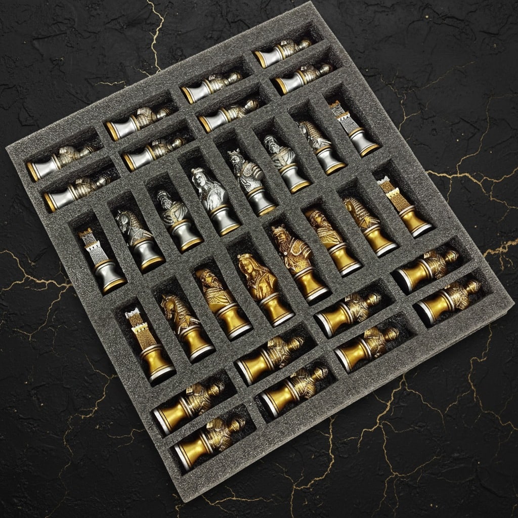 Vintage Medieval Crusade Chessmen Set Antique Gold Silver Finish No Board - 3