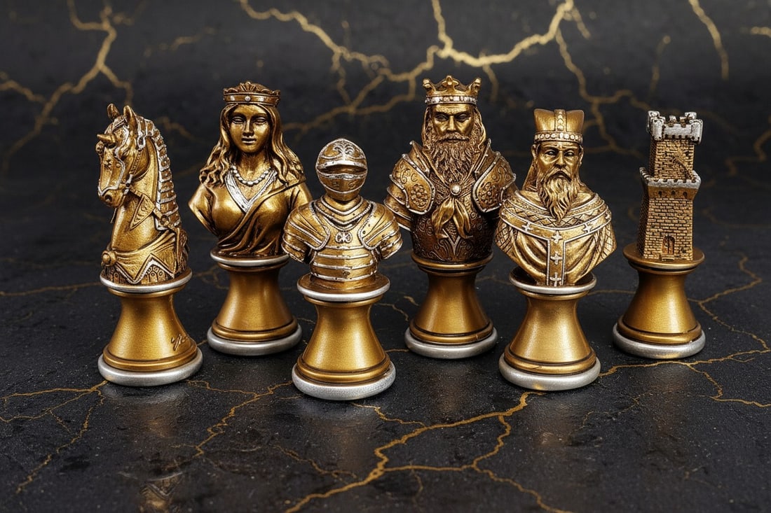 Vintage Medieval Crusade Chessmen Set Antique Gold Silver Finish No Board - 5