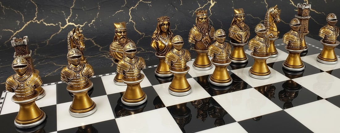Vintage Medieval Crusade Chessmen Set Antique Gold Silver Finish No Board - 6
