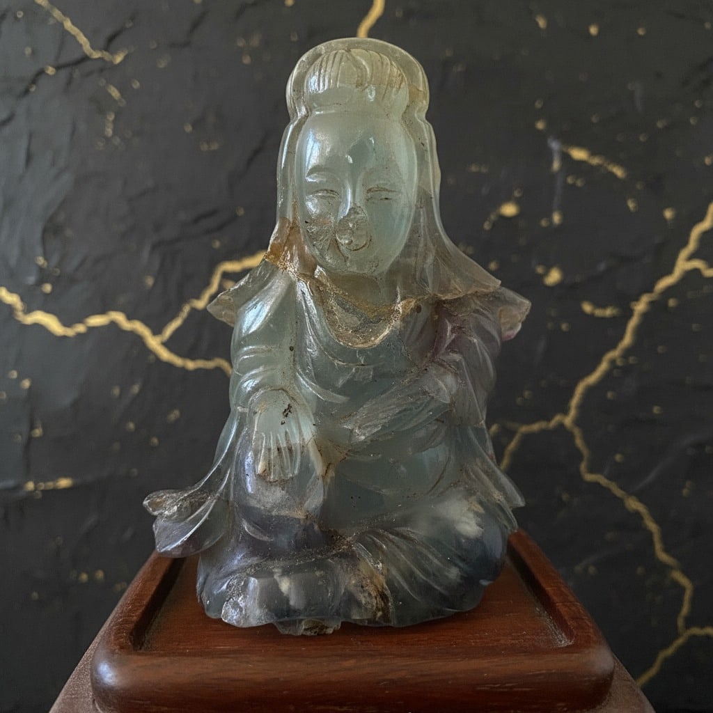 Vintage Chinese Fluorite Carving Kwan Yin Buddha Figurine Hardstone Statue (1 of 6)