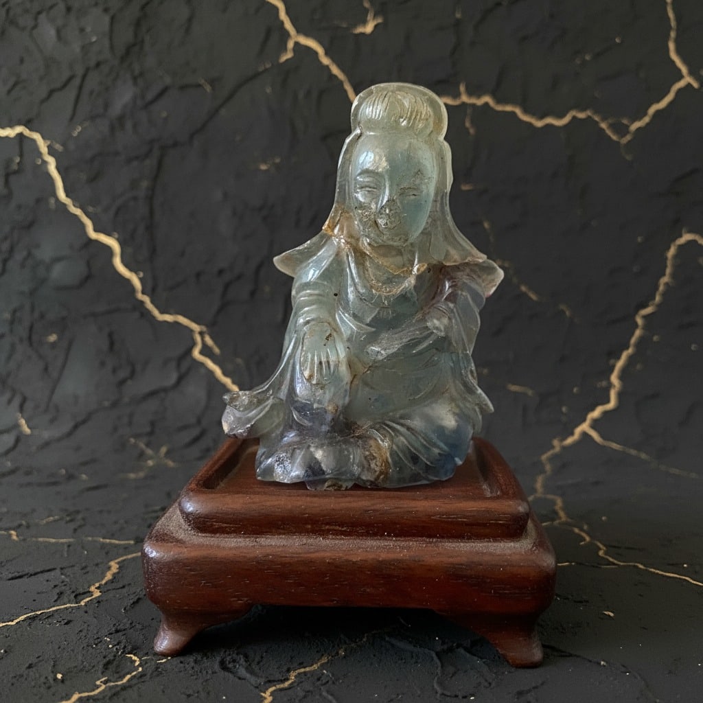 Vintage Chinese Fluorite Carving Kwan Yin Buddha Figurine Hardstone Statue - 2