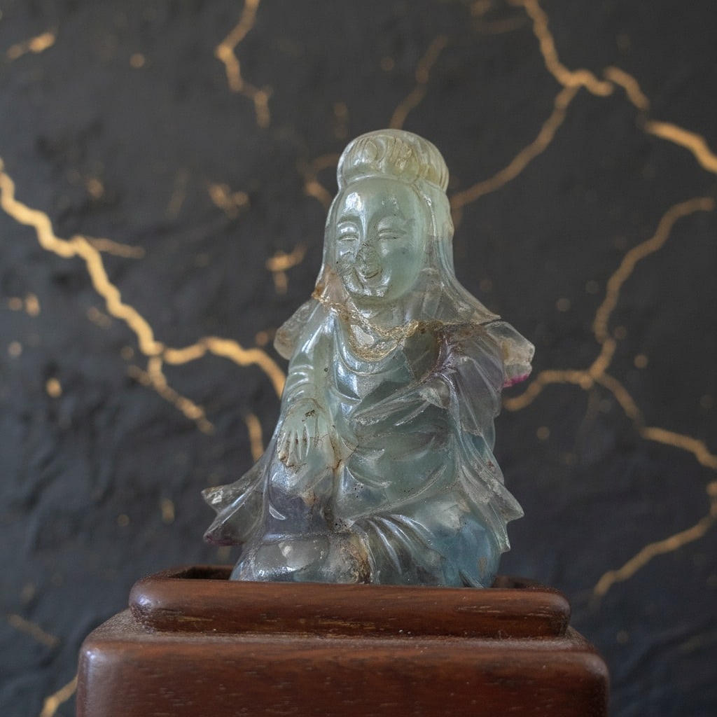 Vintage Chinese Fluorite Carving Kwan Yin Buddha Figurine Hardstone Statue - 3