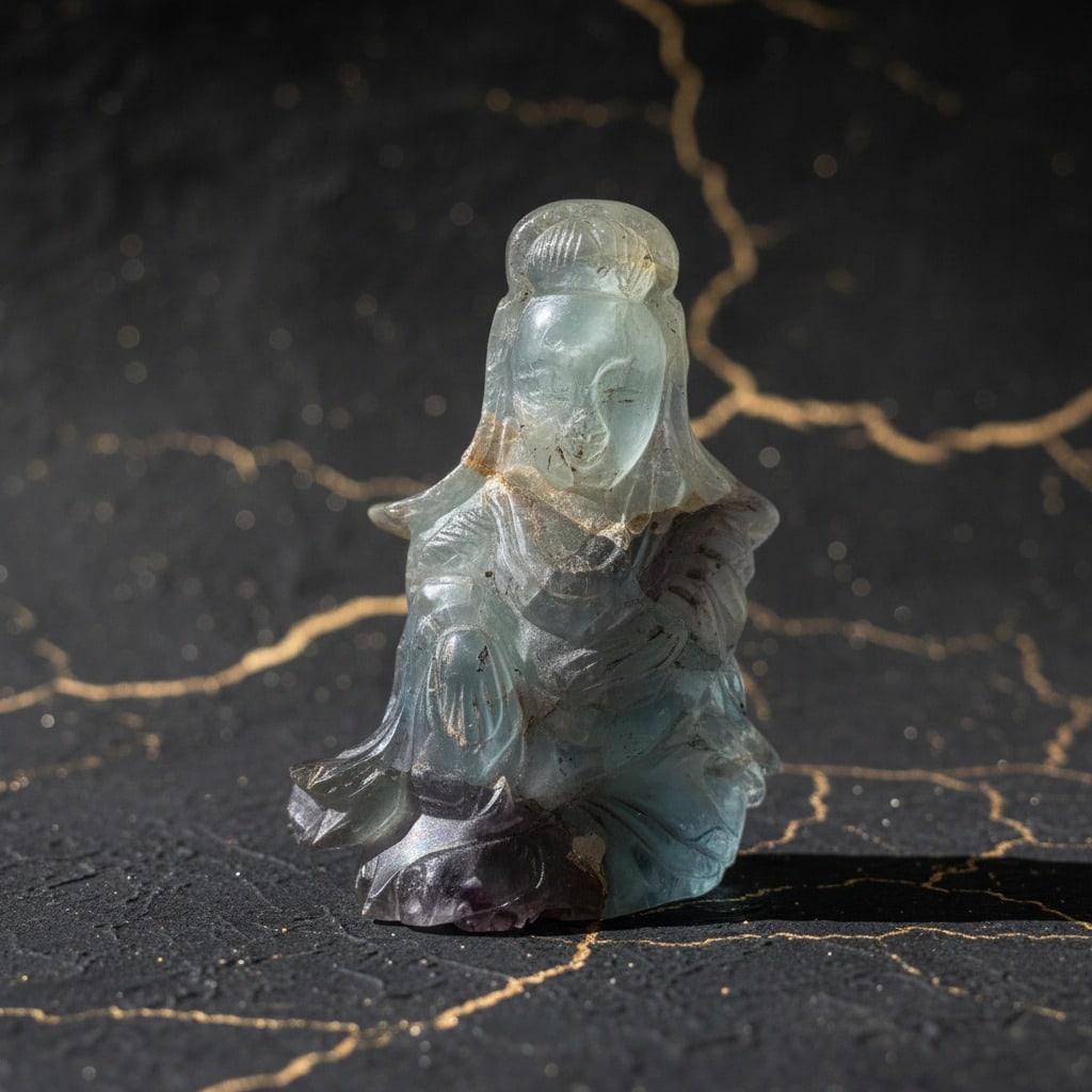 Vintage Chinese Fluorite Carving Kwan Yin Buddha Figurine Hardstone Statue - 4