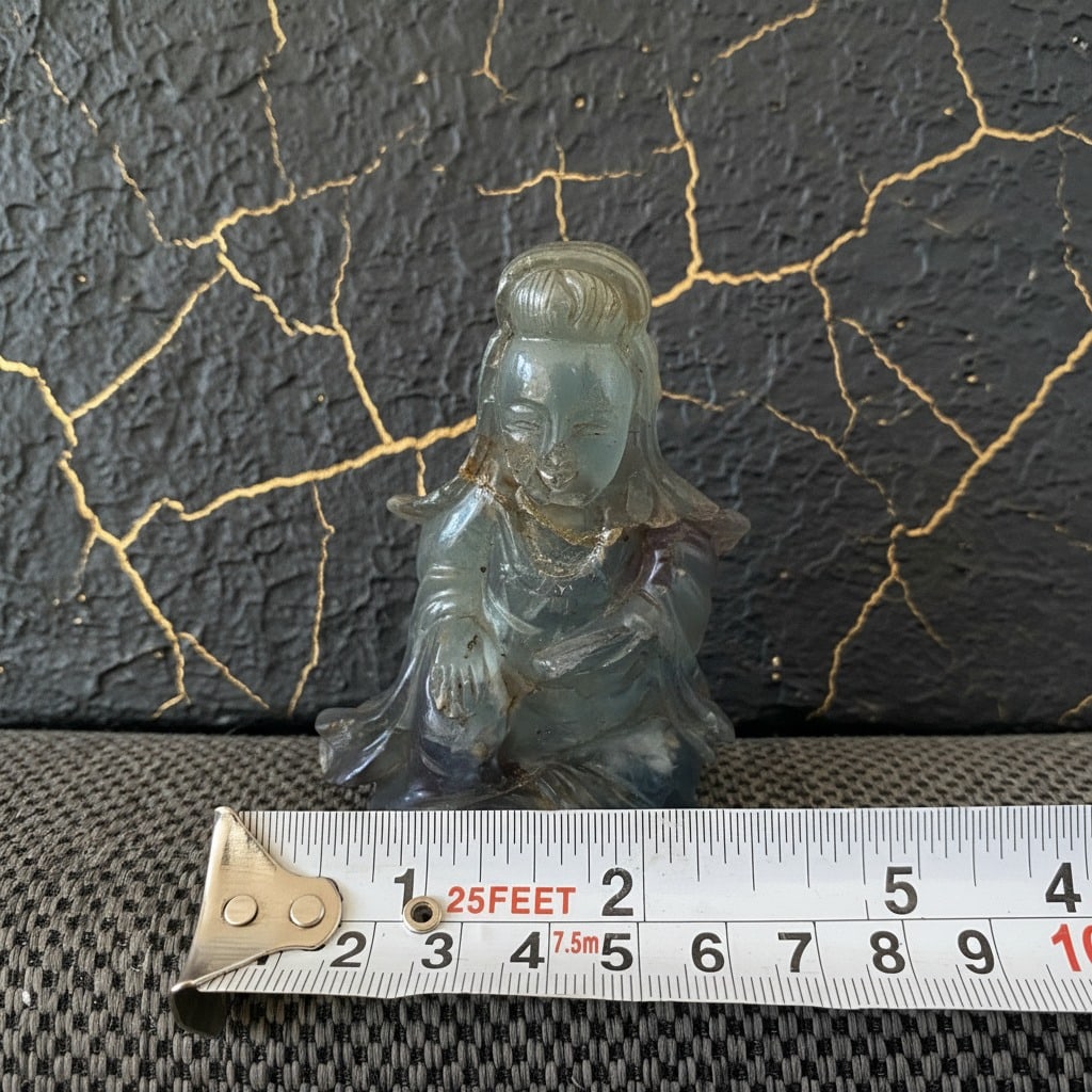 Vintage Chinese Fluorite Carving Kwan Yin Buddha Figurine Hardstone Statue - 6