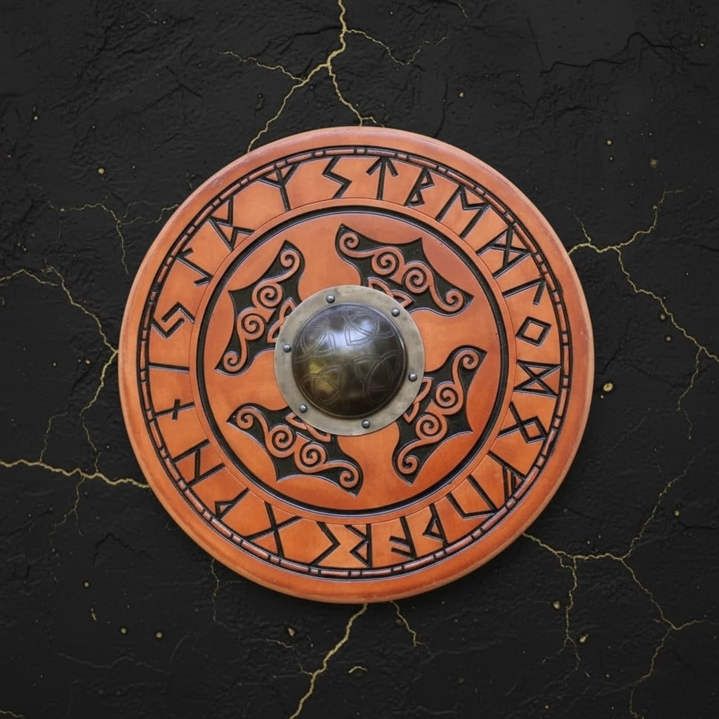 Hand Carved 24" Norse Round Shield Thor Hammer Motif Wood Wall Decor (1 of 5)