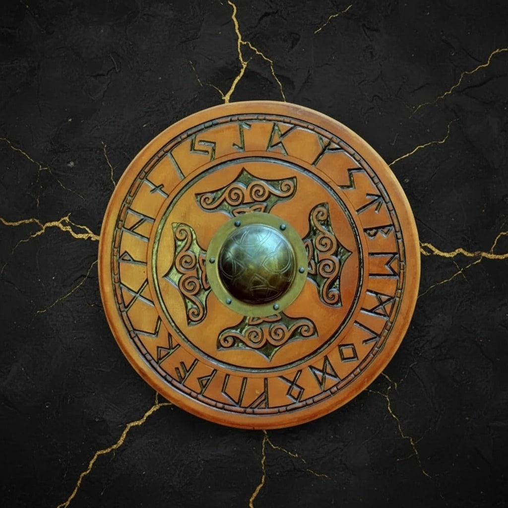 Hand Carved 24" Norse Round Shield Thor Hammer Motif Wood Wall Decor - 3