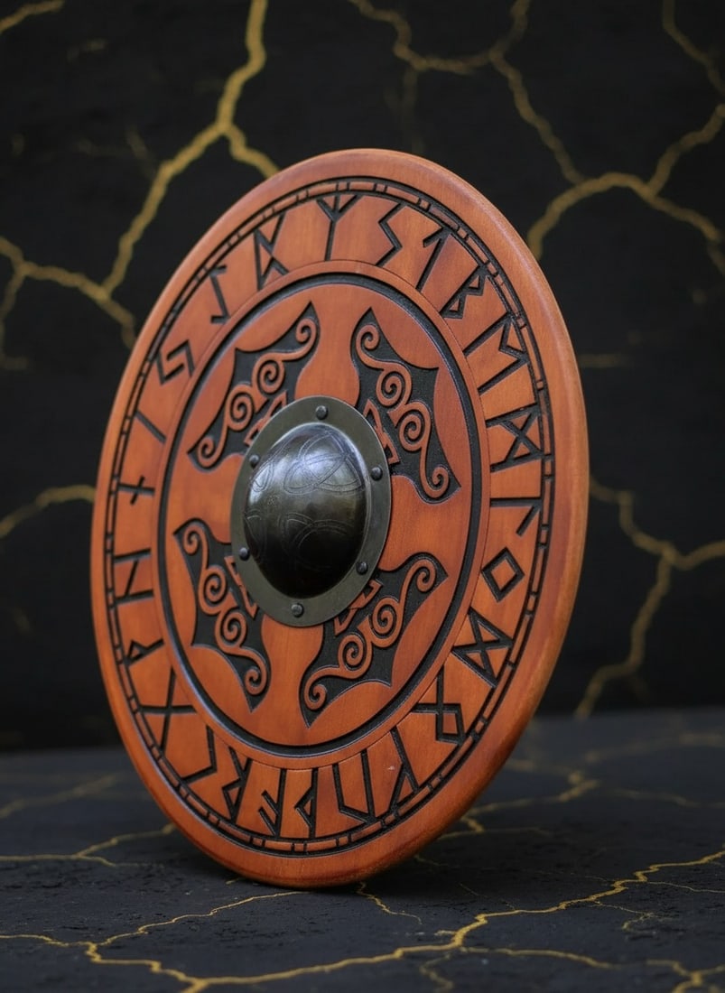 Hand Carved 24" Norse Round Shield Thor Hammer Motif Wood Wall Decor - 4