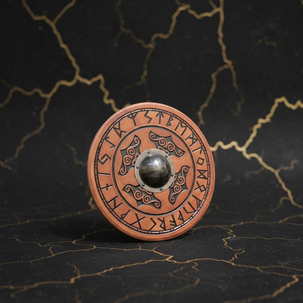 Hand Carved 24" Norse Round Shield Thor Hammer Motif Wood Wall Decor - 5