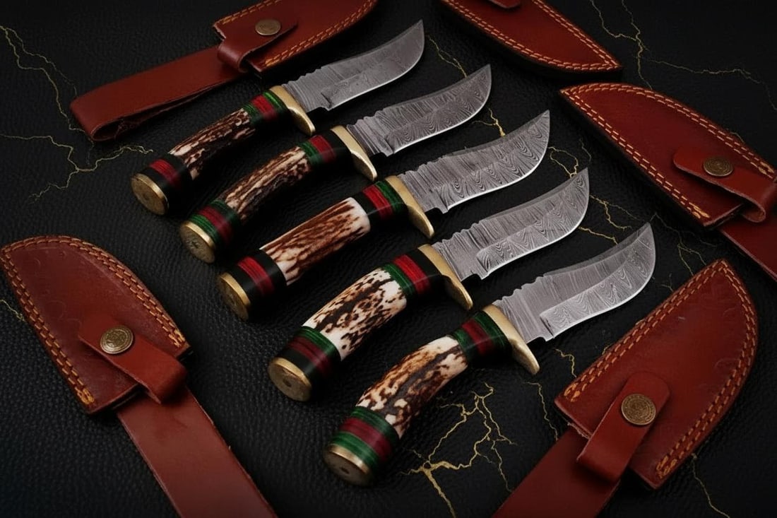 Set of 2 Handmade 8" Damascus Steel Skinner Hunting Knives with Stag Antler Handles - 5