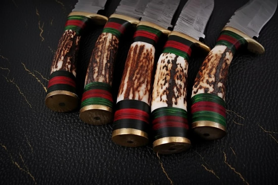 Set of 2 Handmade 8" Damascus Steel Skinner Hunting Knives with Stag Antler Handles - 6