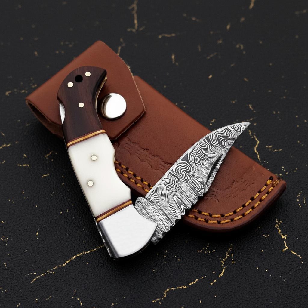 Hand Forged Damascus Steel Pocket Knife with White Bone Handle & Brass Filework - 3