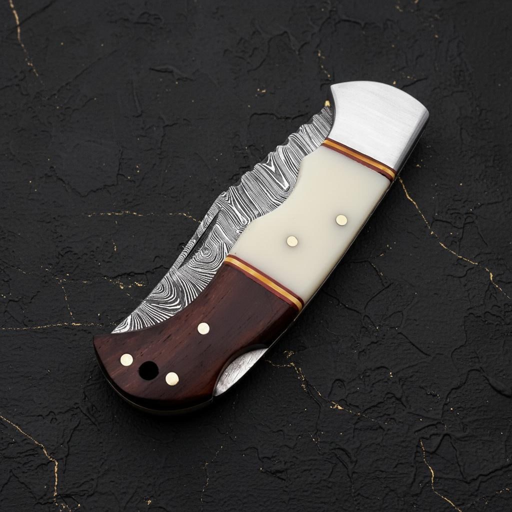 Hand Forged Damascus Steel Pocket Knife with White Bone Handle & Brass Filework - 6