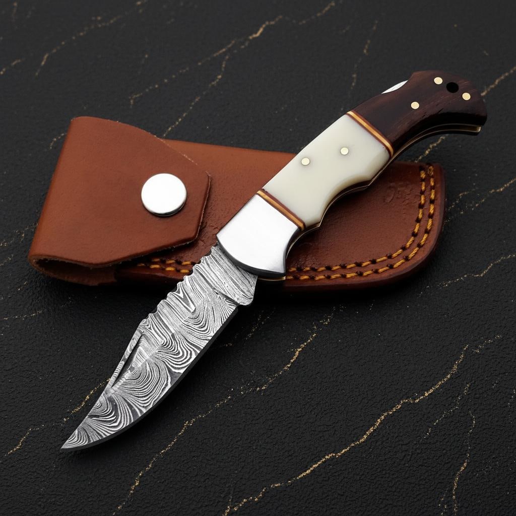 Hand Forged Damascus Steel Pocket Knife with White Bone Handle & Brass Filework - 7