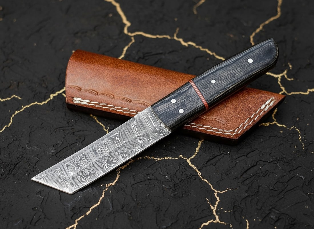 Handmade Damascus Steel Tanto Knife Fixed Blade Hunting Tool with Sheath - 7