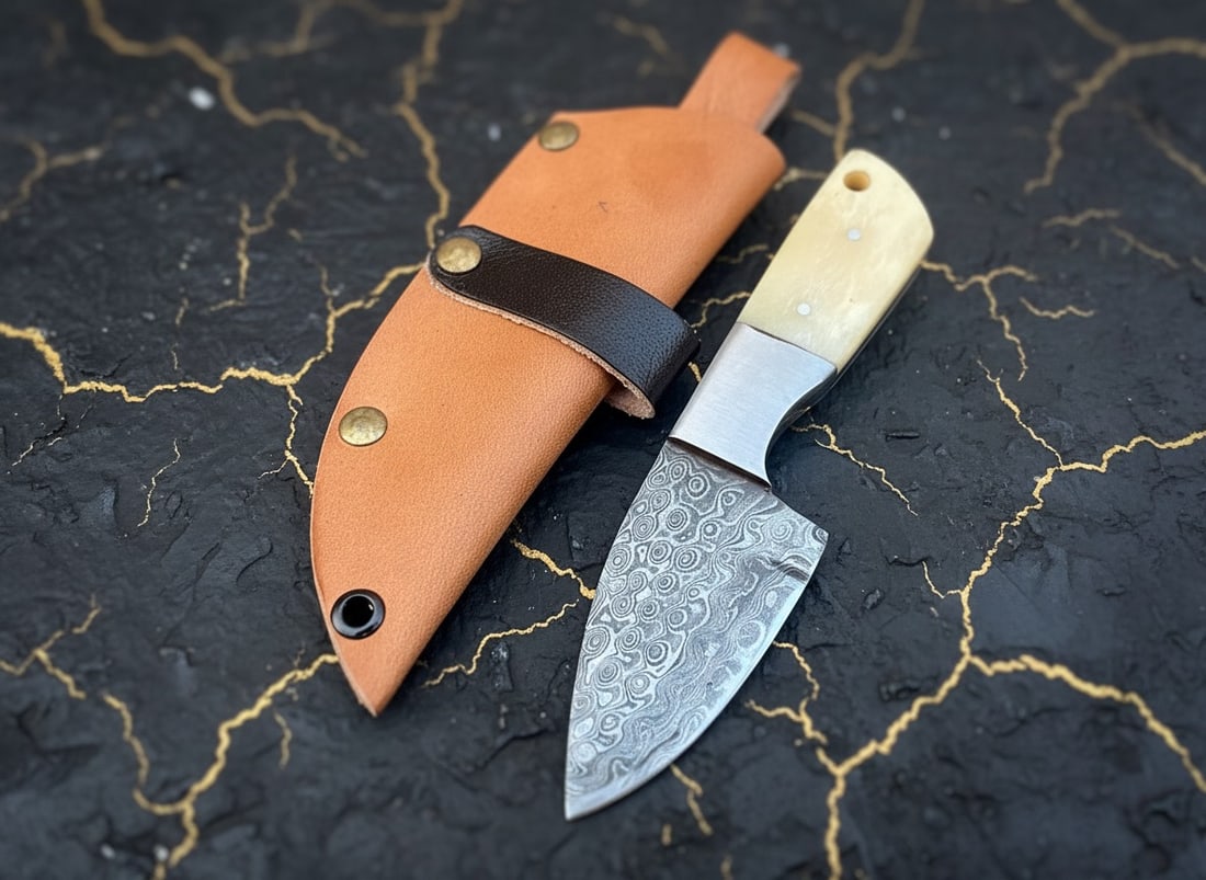 Custom Hand-Forged Damascus Steel Mini Neck Knife, Bone Handle EDC Blade - 2
