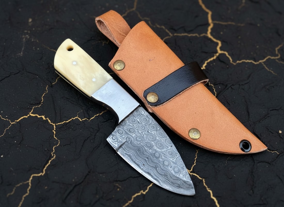 Custom Hand-Forged Damascus Steel Mini Neck Knife, Bone Handle EDC Blade - 3