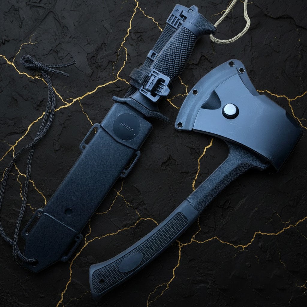 2pc Survival Set Fixed Blade Tactical Hunting Knife & Camping Axe with Sheath - 2