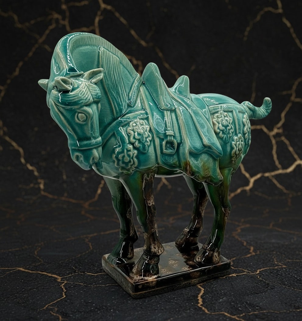 Sancai Glazed Horse Figurine Tang Dynasty Aesthetic Antique Finish Decor: Title:Sancai Glazed Horse Figurine Tang Dynasty Aesthetic Antique Finish Decor Description:This vintage antique replica serves as a tribute to the classic Sancai three-color pottery of the Tang Dynast