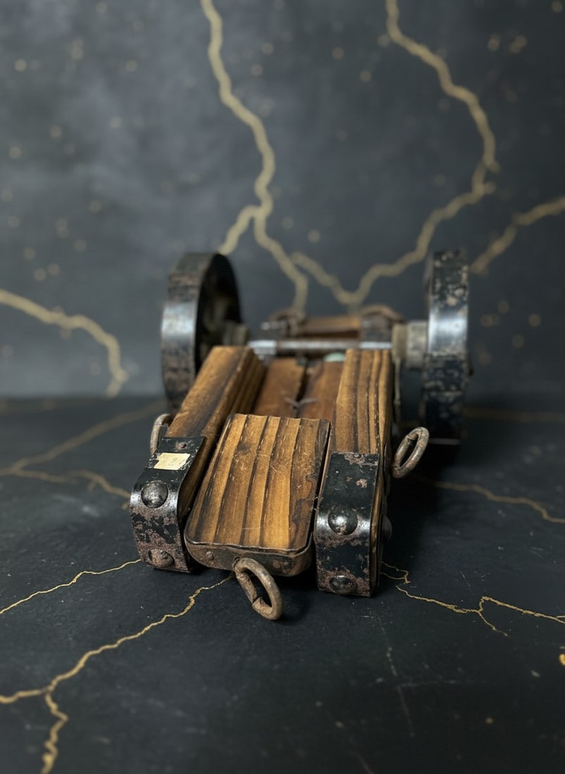 Antique Spanish Artillery Model Copper Barrel Wood Stand Steel Studs - 5