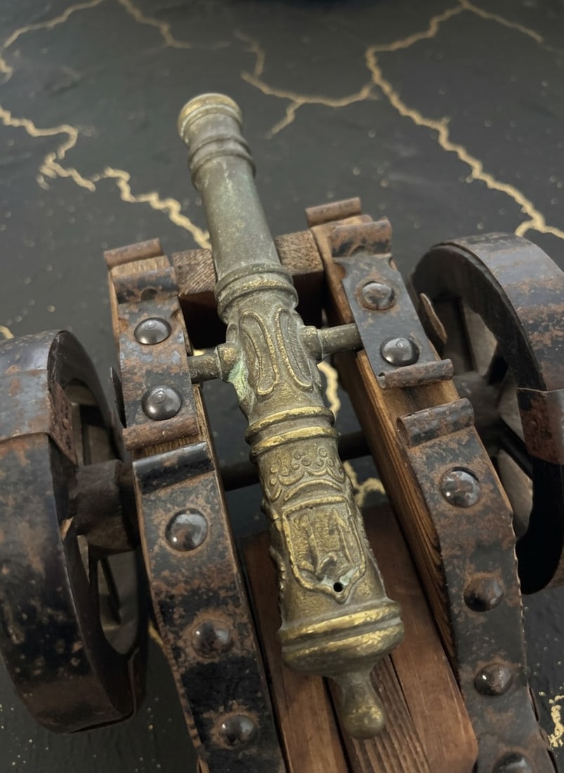 Antique Spanish Artillery Model Copper Barrel Wood Stand Steel Studs - 6
