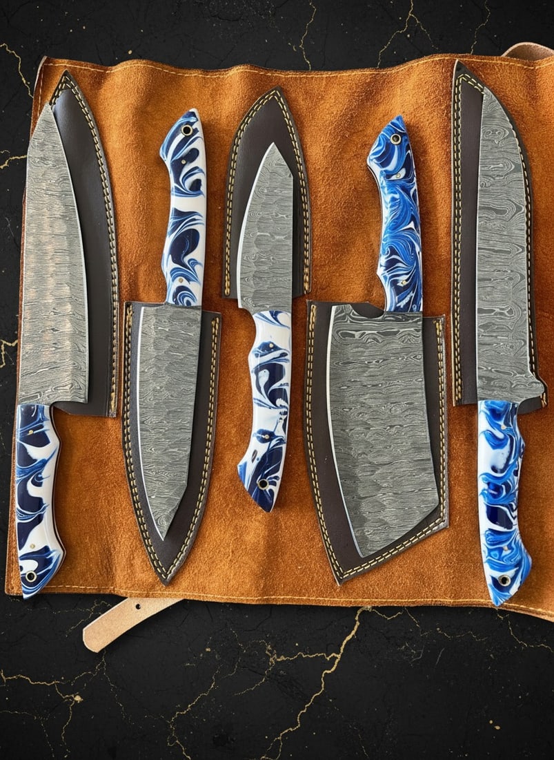5pc Damascus Steel Chef Knife Set Hammered Blade Resin Handle Leather Roll: Title:5pc Damascus Steel Chef Knife Set Hammered Blade Resin Handle Leather Roll Description:This professional chef set includes five hand-forged knives and a cowhide leather carrying bag. Each piece 