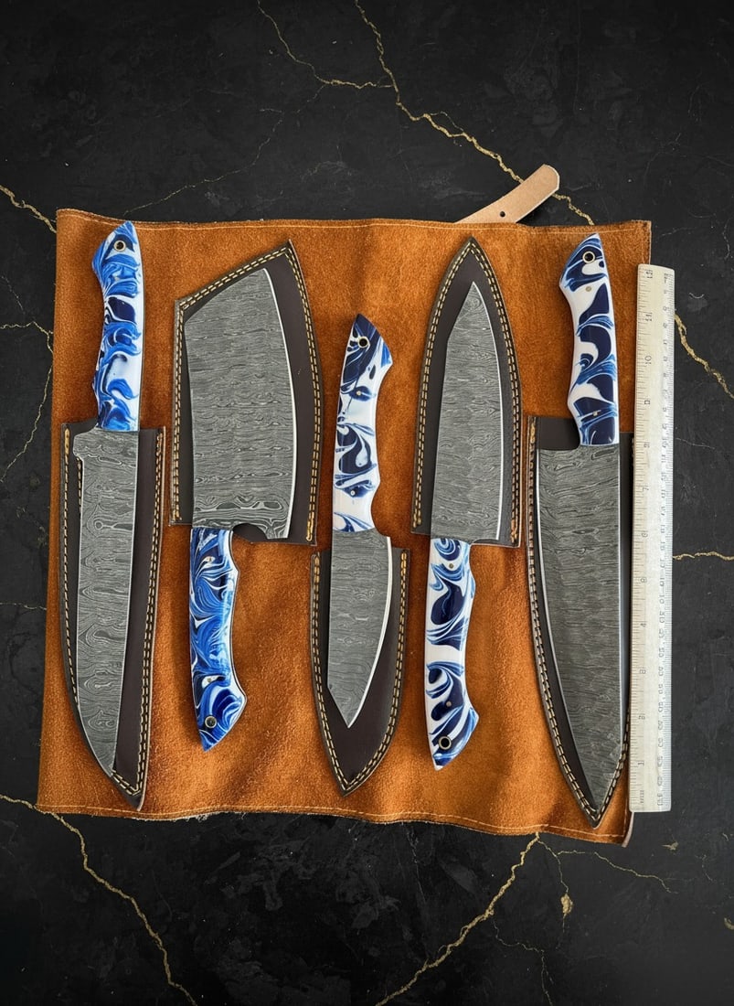 5pc Damascus Steel Chef Knife Set Hammered Blade Resin Handle Leather Roll - 2
