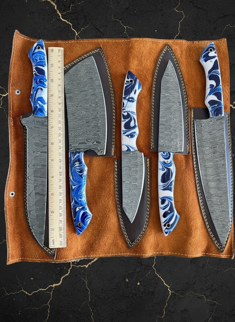 5pc Damascus Steel Chef Knife Set Hammered Blade Resin Handle Leather Roll - 4