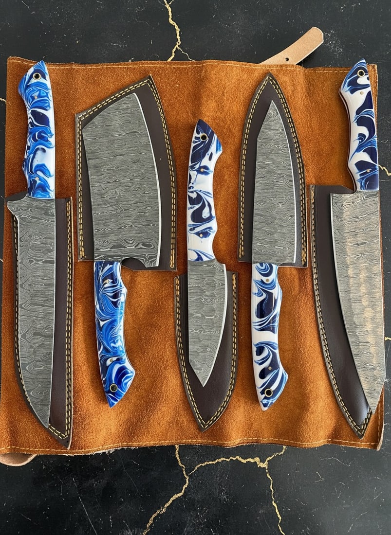 5pc Damascus Steel Chef Knife Set Hammered Blade Resin Handle Leather Roll - 5