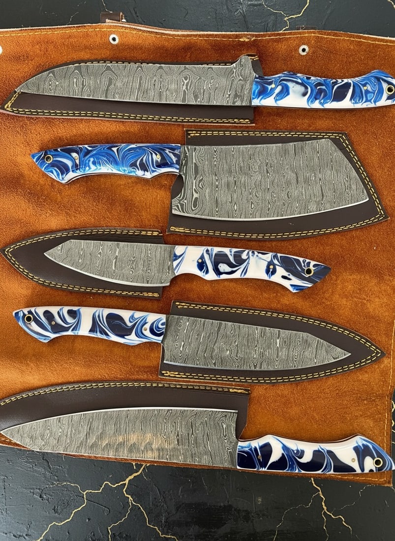 5pc Damascus Steel Chef Knife Set Hammered Blade Resin Handle Leather Roll - 7