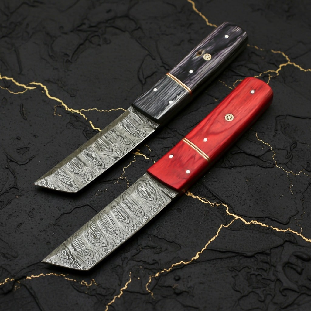 Hand-Forged Damascus Fixed Blade Tanto Hunting Knife With Leather Sheath - 2