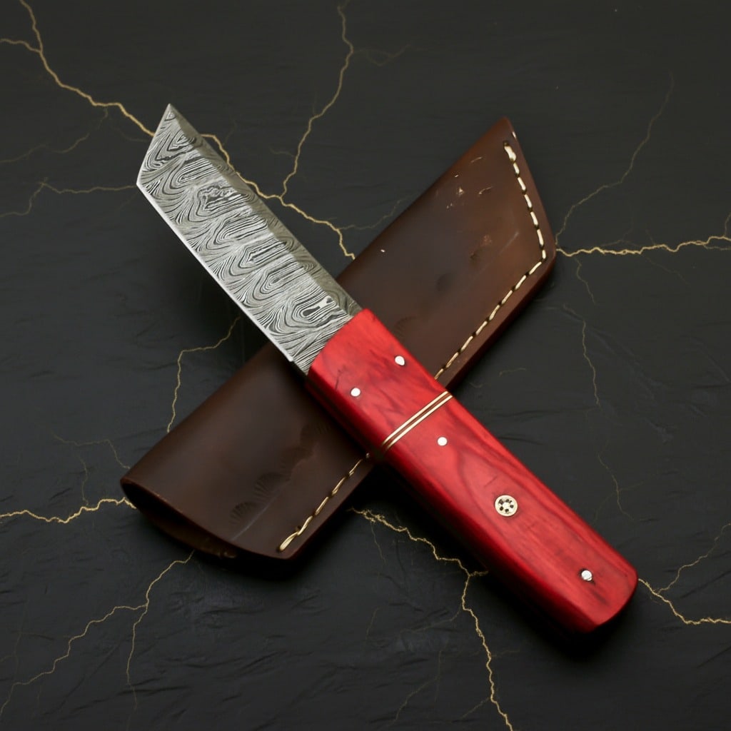 Hand-Forged Damascus Fixed Blade Tanto Hunting Knife With Leather Sheath - 3