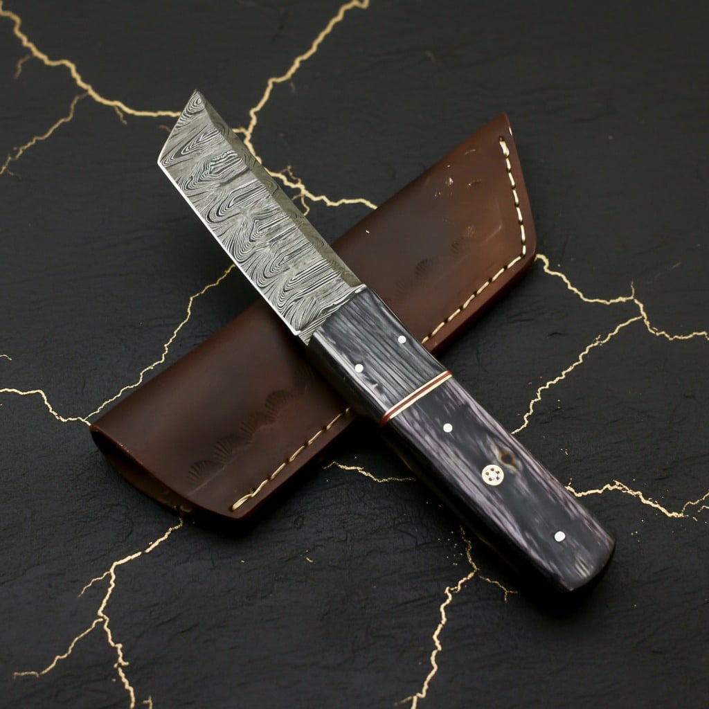 Hand-Forged Damascus Fixed Blade Tanto Hunting Knife With Leather Sheath - 4