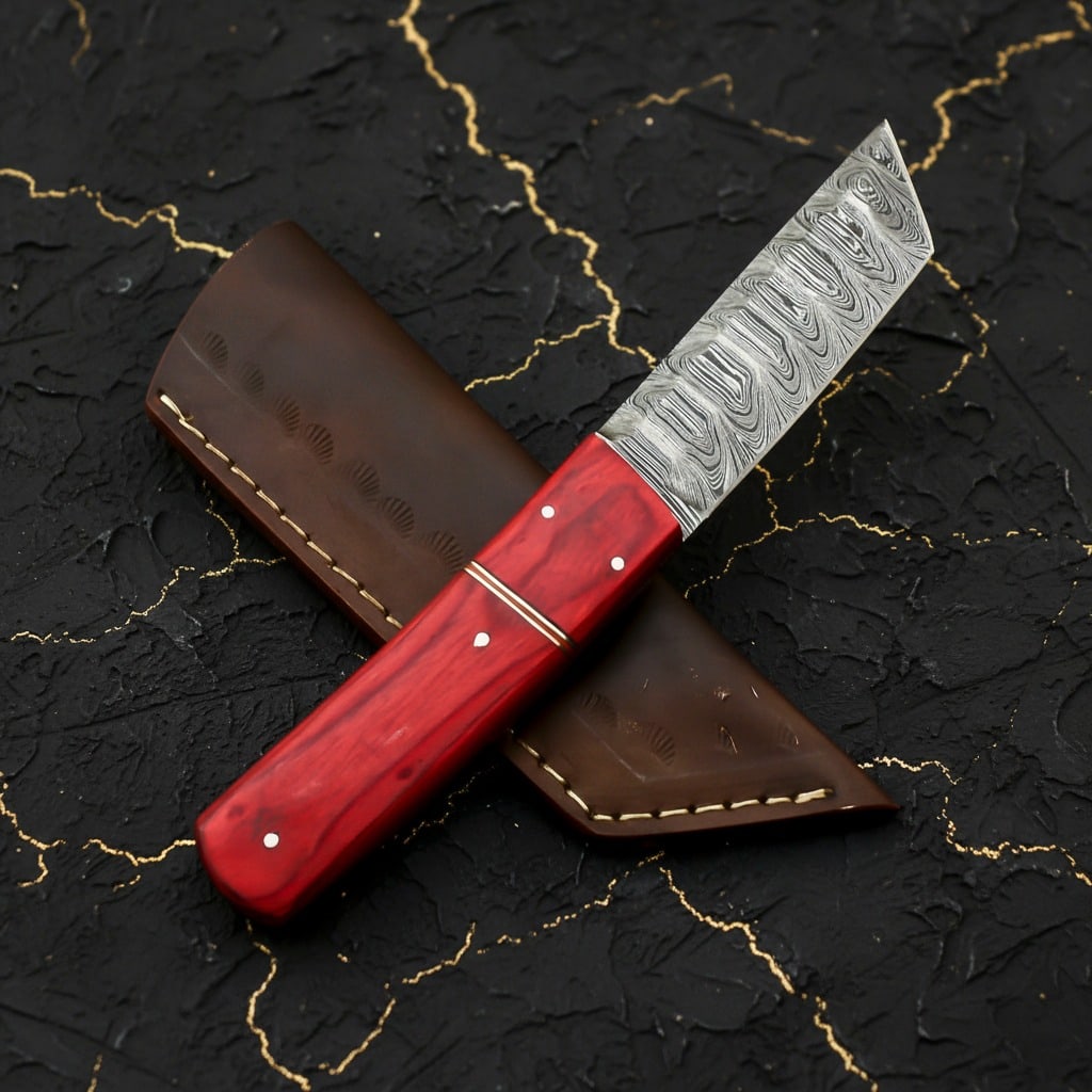 Hand-Forged Damascus Fixed Blade Tanto Hunting Knife With Leather Sheath - 5
