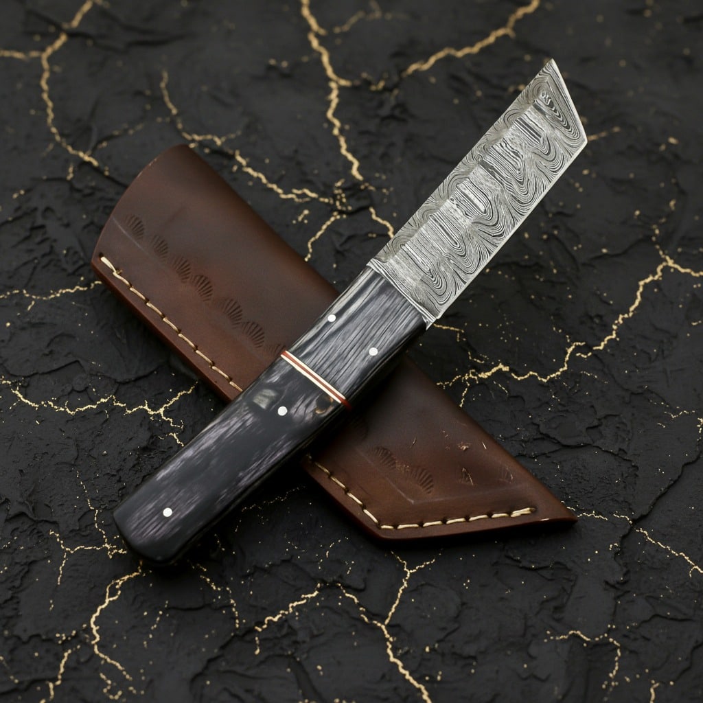 Hand-Forged Damascus Fixed Blade Tanto Hunting Knife With Leather Sheath - 6
