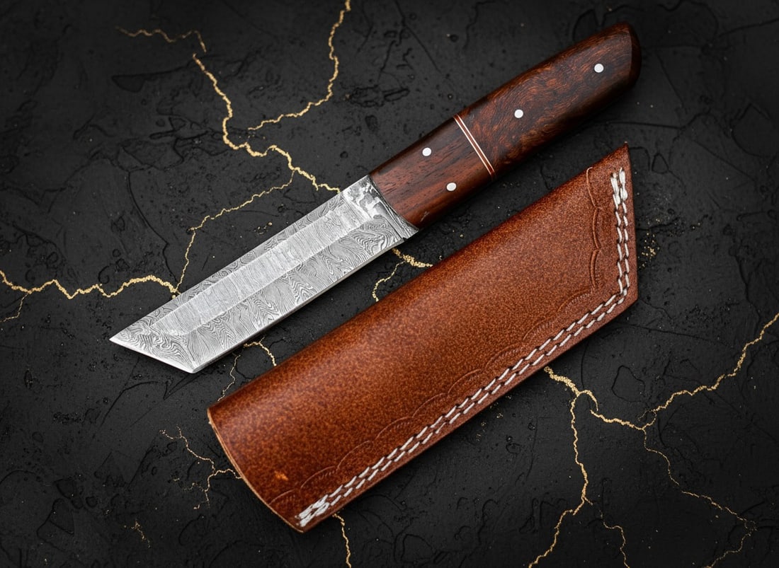 Handcrafted Damascus Steel Tanto Knife, Sharp Fixed Blade with Wood Handle - 2