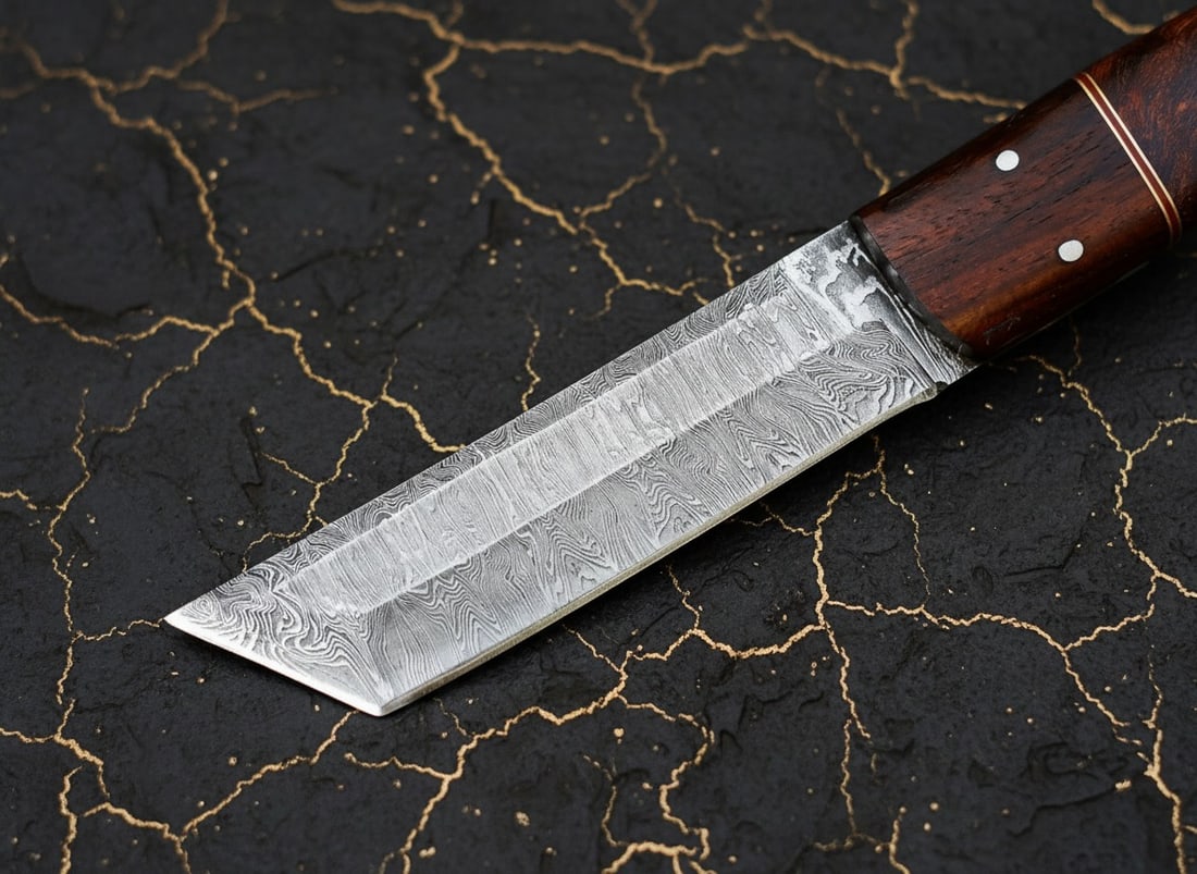 Handcrafted Damascus Steel Tanto Knife, Sharp Fixed Blade with Wood Handle - 3