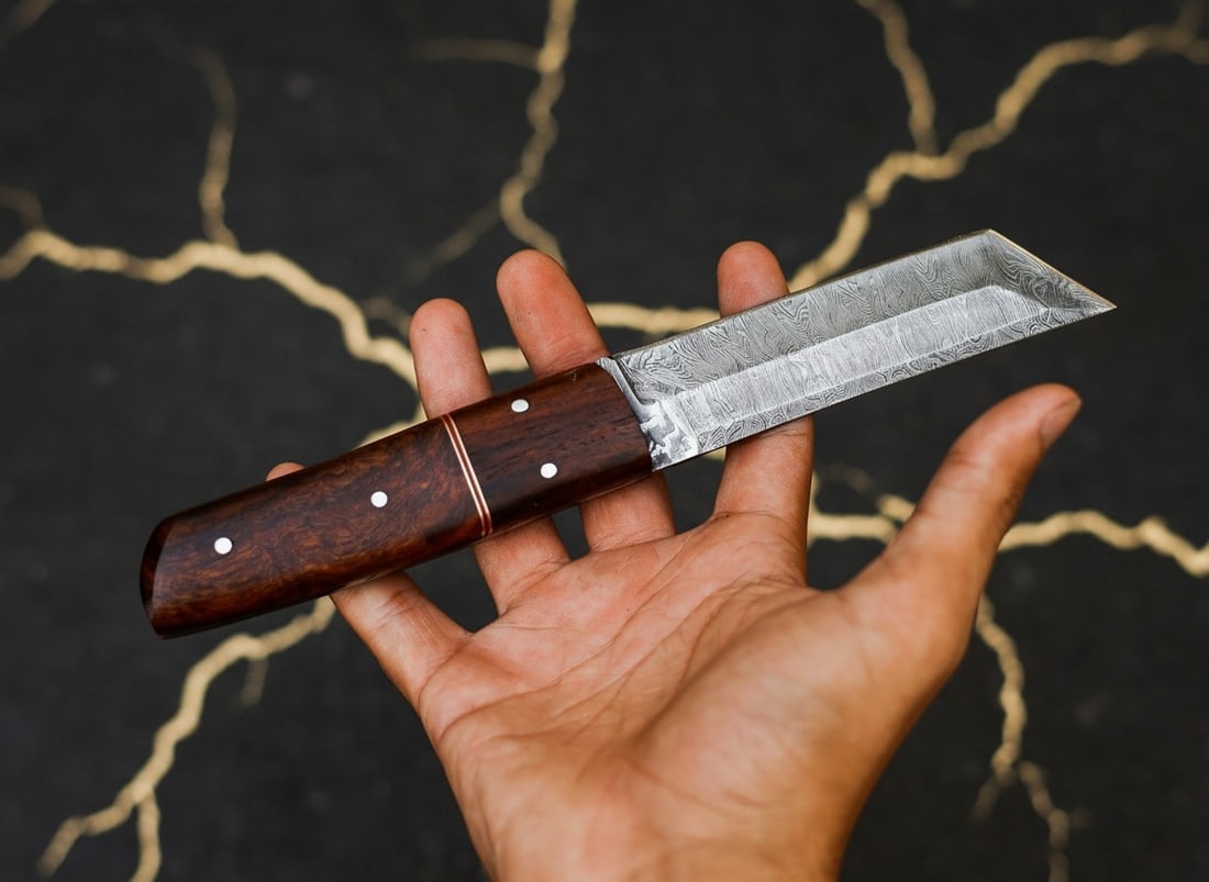 Handcrafted Damascus Steel Tanto Knife, Sharp Fixed Blade with Wood Handle - 4
