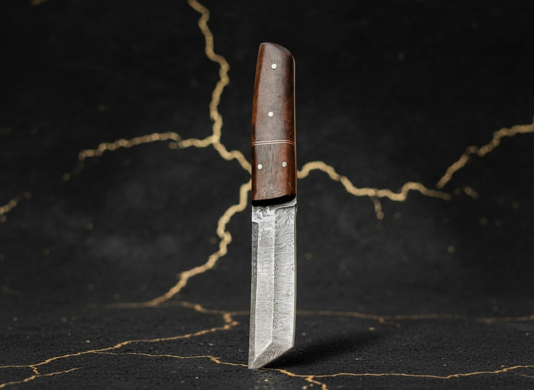 Handcrafted Damascus Steel Tanto Knife, Sharp Fixed Blade with Wood Handle - 5