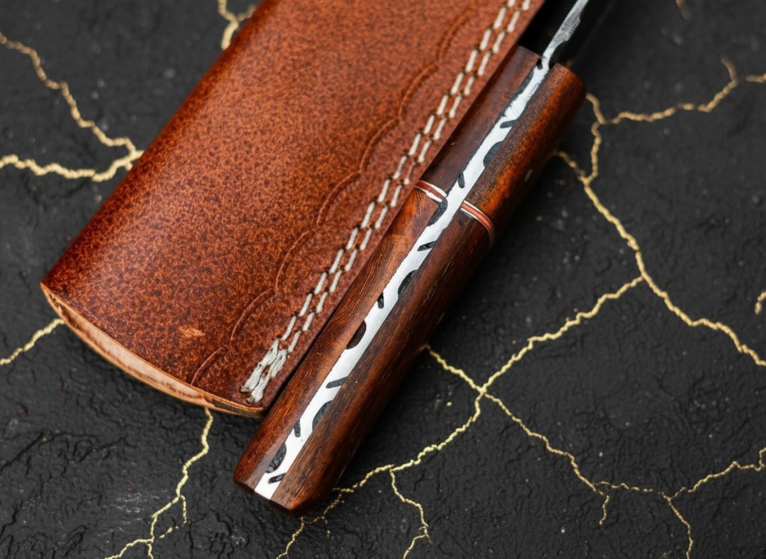 Handcrafted Damascus Steel Tanto Knife, Sharp Fixed Blade with Wood Handle - 6