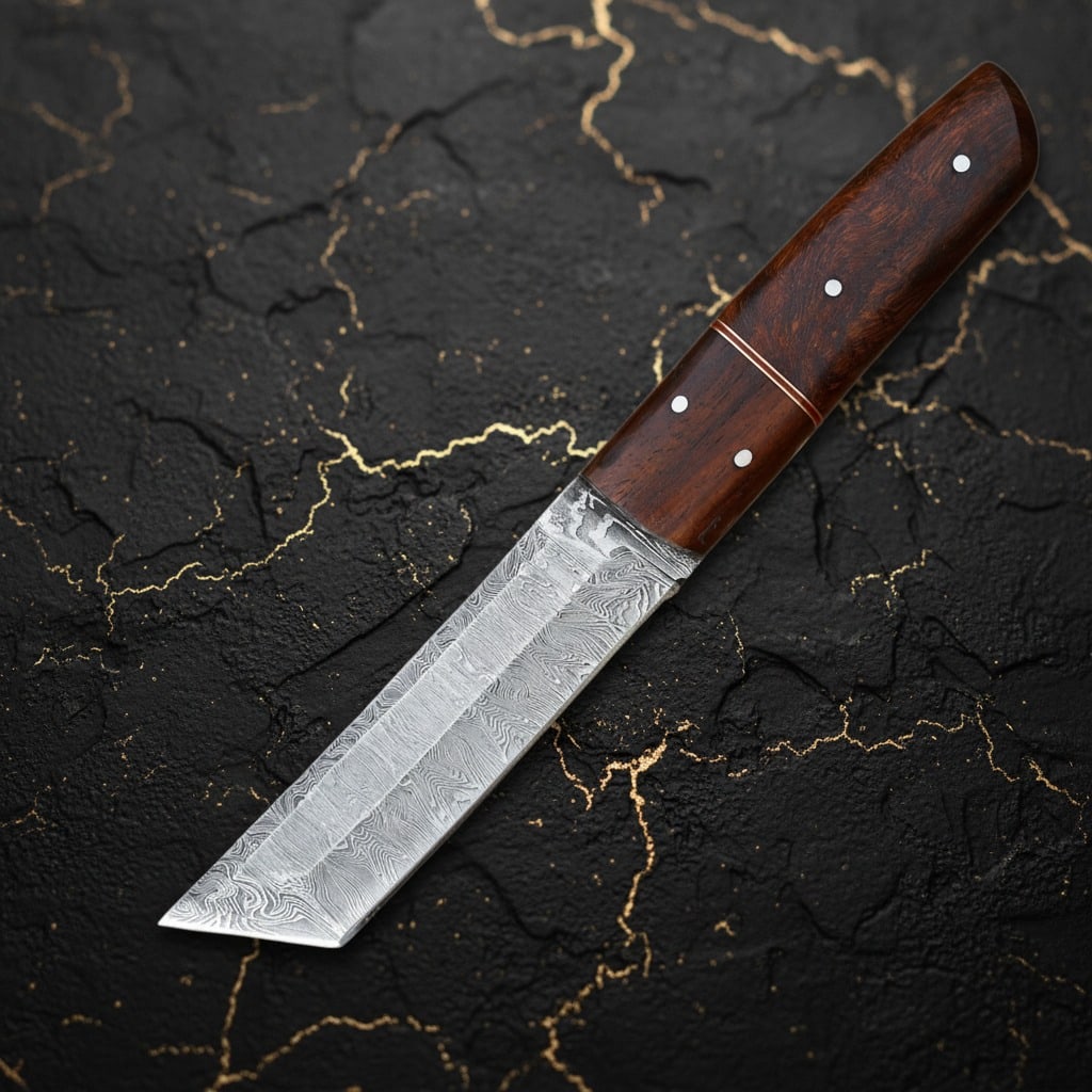 Handcrafted Damascus Steel Tanto Knife, Sharp Fixed Blade with Wood Handle - 8