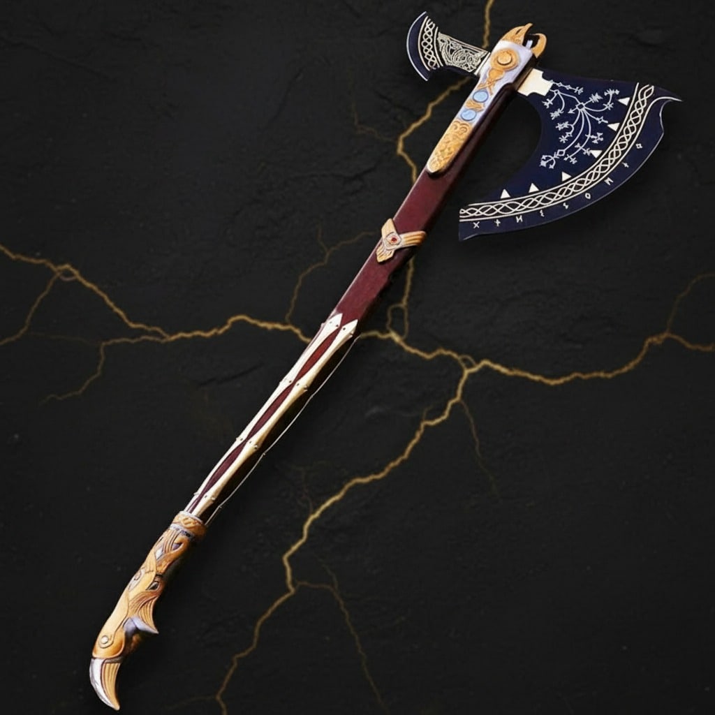 Handmade Viking Battle Axe Carbon Steel Medieval Fantasy Costume Prop Gold - 2