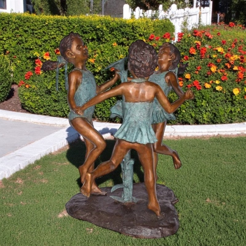 Three Girls Dancing Around Water Fountain Bronze Statue - Size: 35" x 24" x 38"H: Title:Three Girls Dancing Around Water Fountain Bronze Statue - Size: 35" x 24" x 38"H Description:This bronze statue fountain depicting three girls dancing happily around a gorgeous fountain