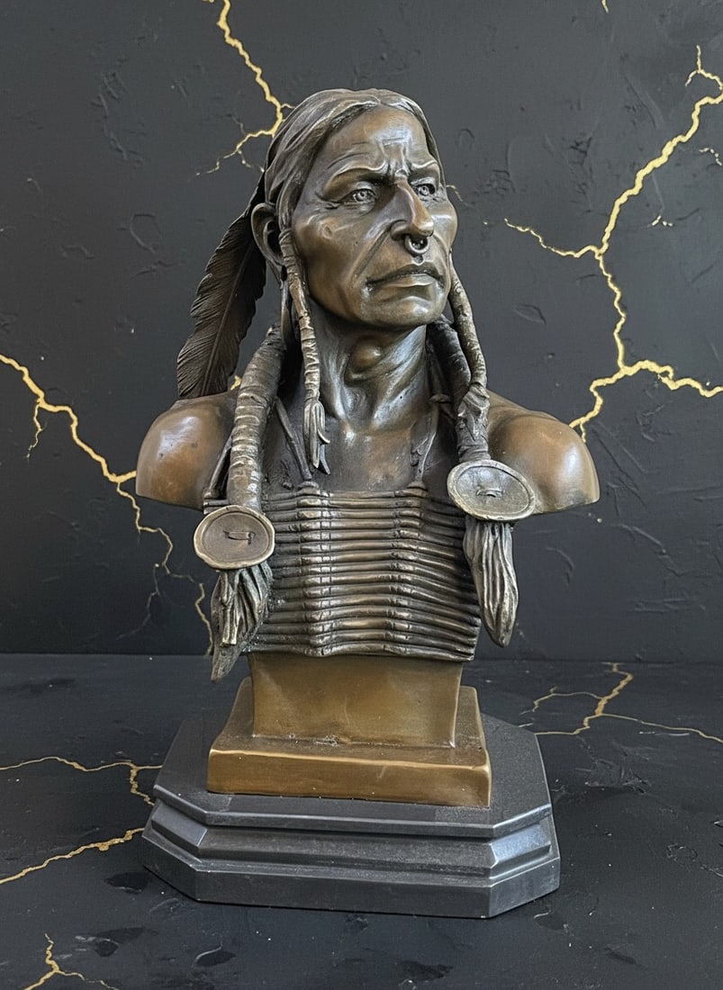 Western Tribal Chief Feathered Headdress Bronze Sculpture Heavy Art Statue - 2