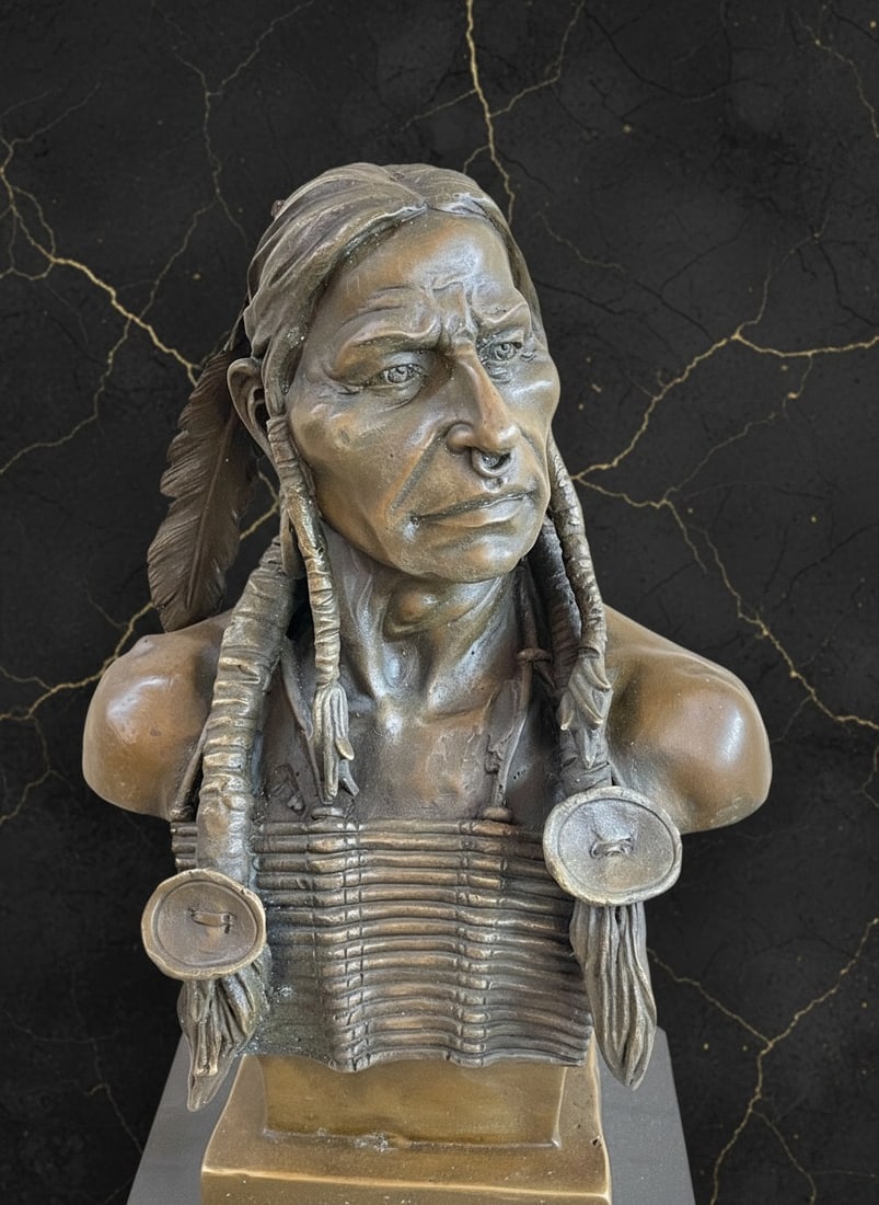 Western Tribal Chief Feathered Headdress Bronze Sculpture Heavy Art Statue - 3