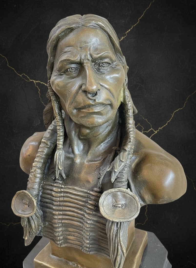 Western Tribal Chief Feathered Headdress Bronze Sculpture Heavy Art Statue - 4