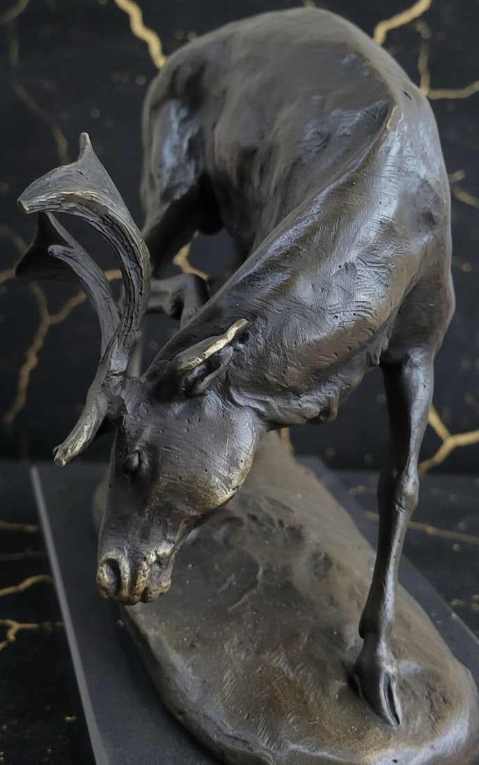 Wildlife Stag Deer Sculpture Bronze & Marble Base Lodge Decor Art Statue - 2
