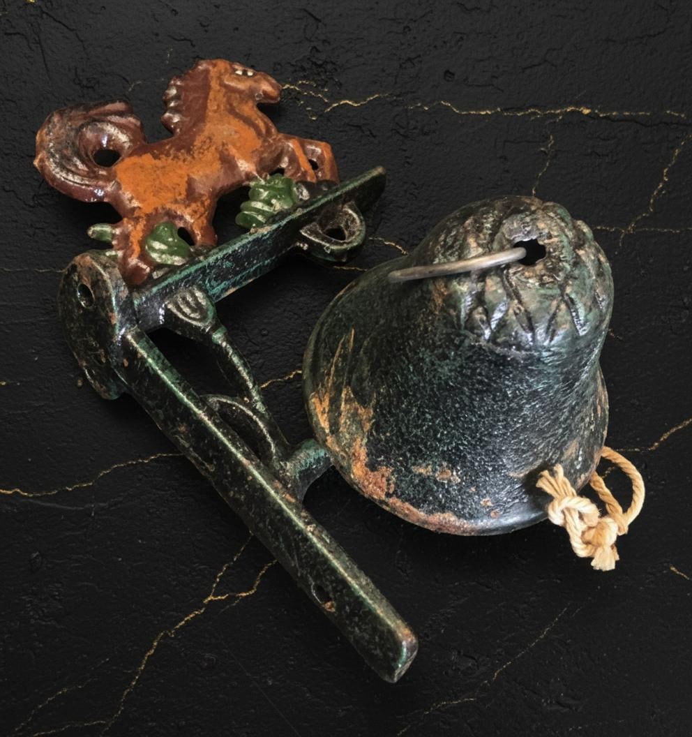 Vintage Cast Iron Dinner Bell with 3D Painted Horse Figurine Wall Mount 5" Tall - 6